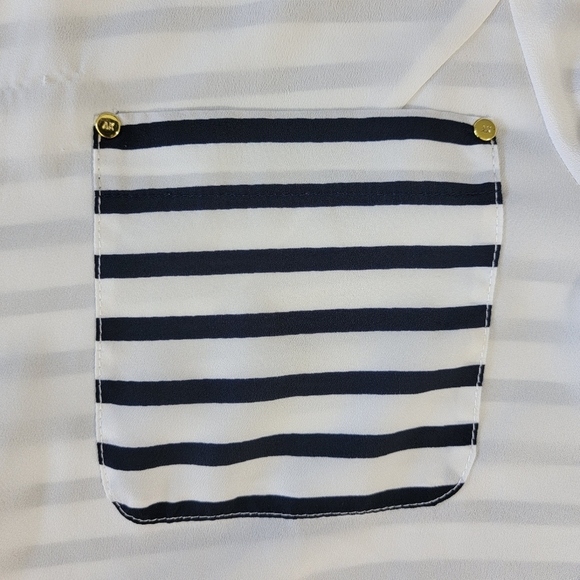 Anne Klein Roll Tab Sleeve Navy Blue White Striped Full Zip Semi Sheer Blouse L - Picture 7 of 11